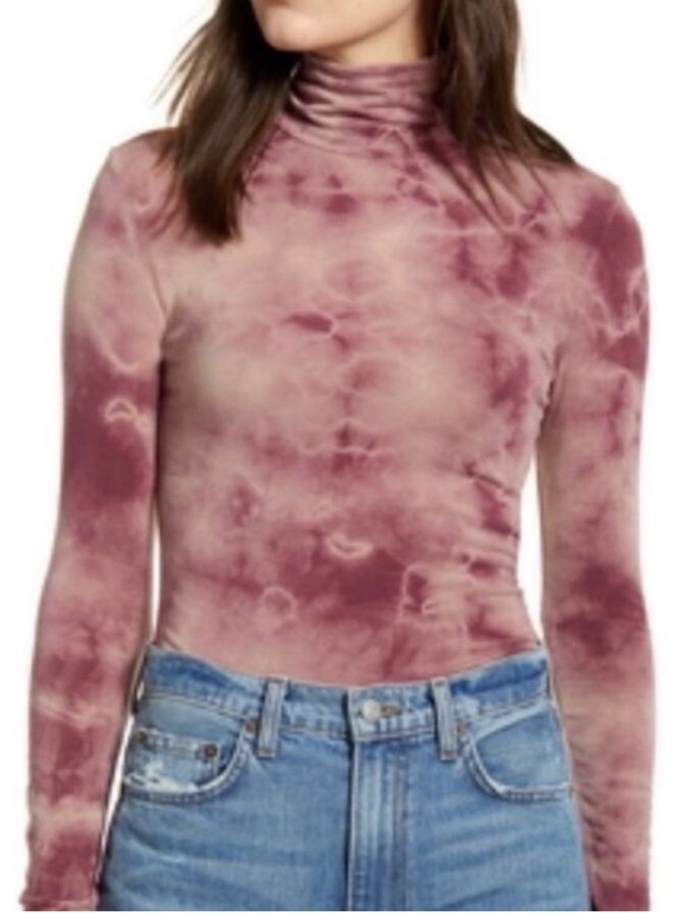 TREASURE & BOND Tie-Dye Mock Neck Long Sleeve Top - Mauve Pink - Sm